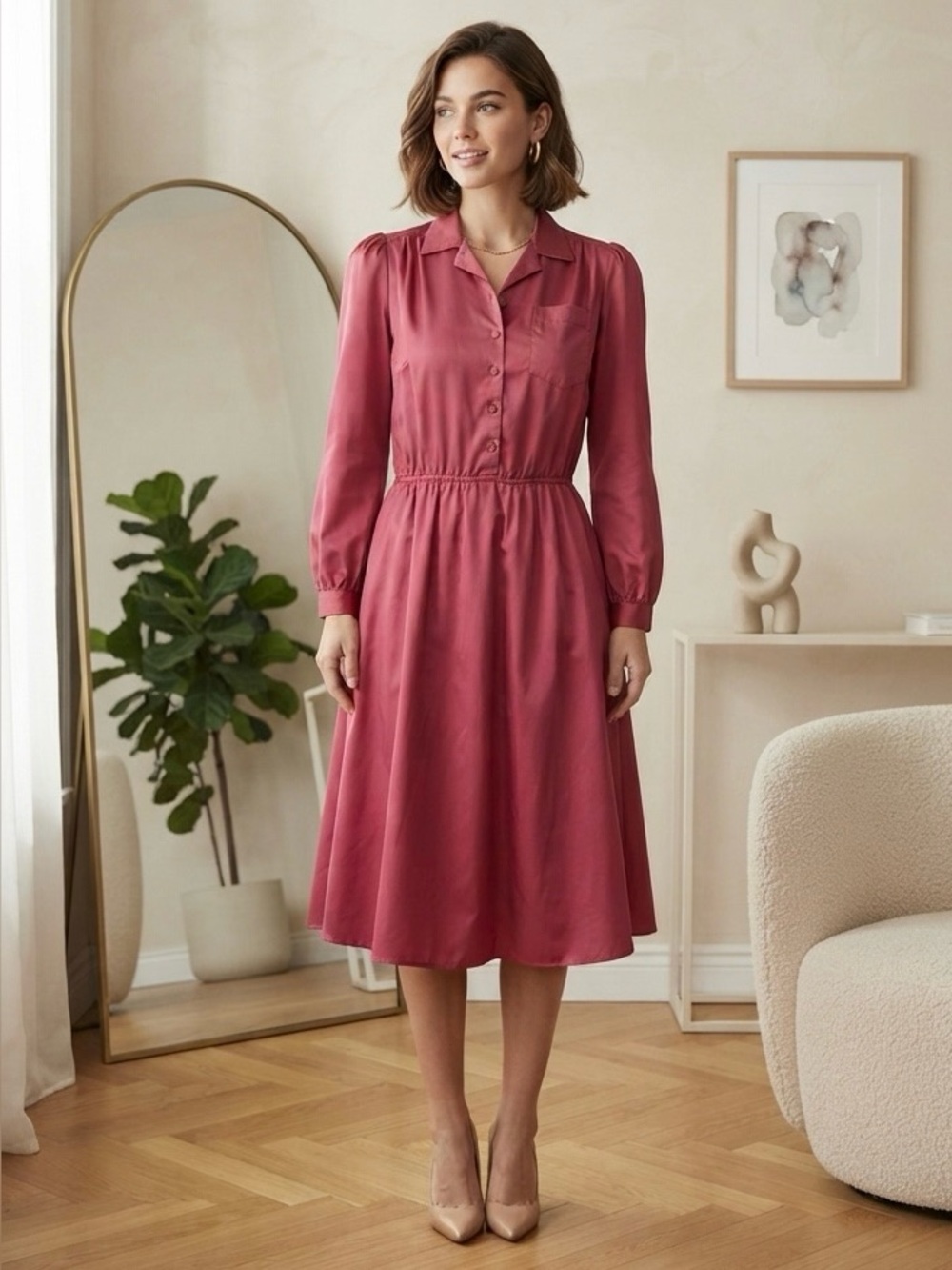Vintage 80’s Monica Richards California Women's 6 Pink A-Line Shirt Dress Petite